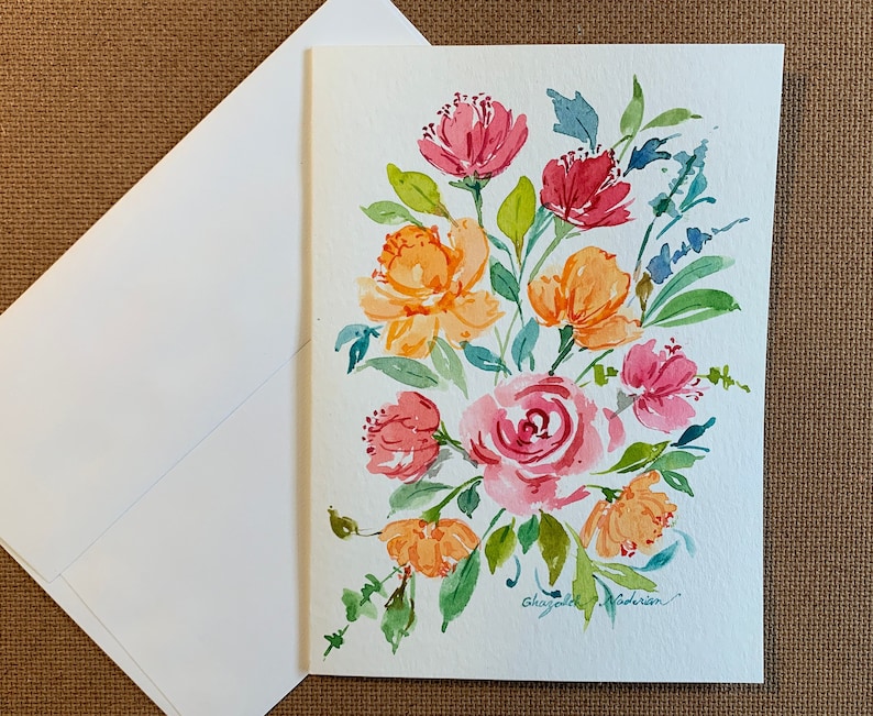 Original Hand Painting Watercolor Card, Lovely Flowers greeting card, 5x7 note card, Watercolor Card, card envelope, Hand painted immagine 1