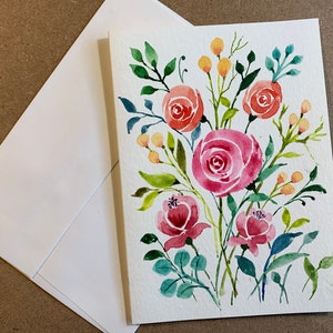 Original Hand Painting Watercolor Card, Custom greeting card, Rose Flower card, 5&quot;x7&quot; note card, card + envelope, Hand painted