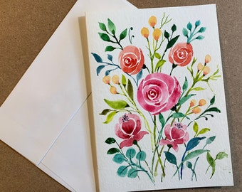 Original Hand Painting Watercolor Card, Custom greeting card, Rose Flower card, 5"x7" note card, card + envelope, Hand painted