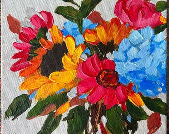 Kleurrijke bloemen origineel klein schilderij, acryl bloemenschilderij, decor van het huis, klaar om op te hangen, origineel acryl schilderij door GhazalFineArts