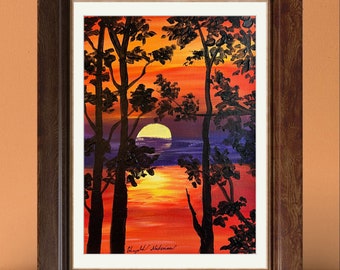 Original Landscapes, Acrylic Landscapes, Painting, Tree Painting, Landscape Scenery, Original Warm Sunset with acrylic, Hand painted