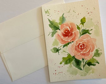 Original Hand Painting Watercolor Card, Soft Rose Flowers greeting card, 5"x7" note card, Flower Card, Gift, card + envelope, Hand painted