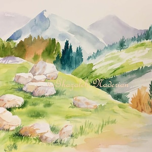Landscapes, Watercolor Landscapes, Landscape Painting, Tree Painting, Landscape Scenery, Original Watercolor, Summer Landscape