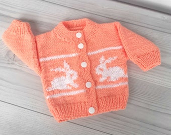 Handknitted baby sweater Rabbit print Easter sweater Peach baby jacket Infant clothes Knit kids sweater Baby shower gift Coming home outfit