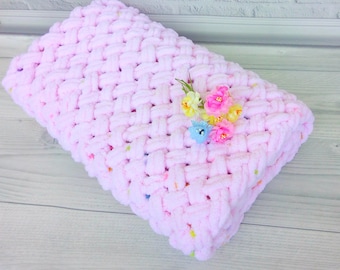 Pink chunky baby blanket,Crochet plaid for baby,Blanket for a crib strolle,Blanket for newborn,Car seat blanket,Baby shower present