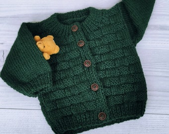 Emerald handknitted baby sweater, Woolen baby jacket, Green crochet sweater for boys, 0 to 12 months baby jacket,0-5 T