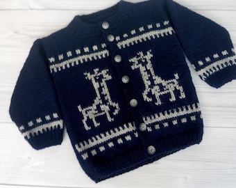 Blue woolen sweater for boys, Crochet jacket with giraffes, Kids handknit sweater Gift for grandchildren