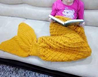 Knit woolen mermaid tail plaid Warm blanket Yellow handknitted lap cover Child mermaid throw Crochet plaid for girls,Granddaughter's gift