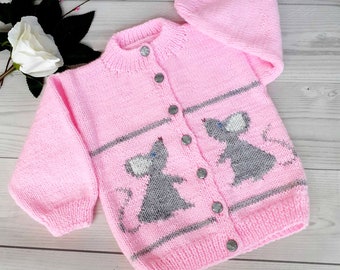 Pink merino wool baby sweater Gray mouse pattern handkntted toddler cardigan