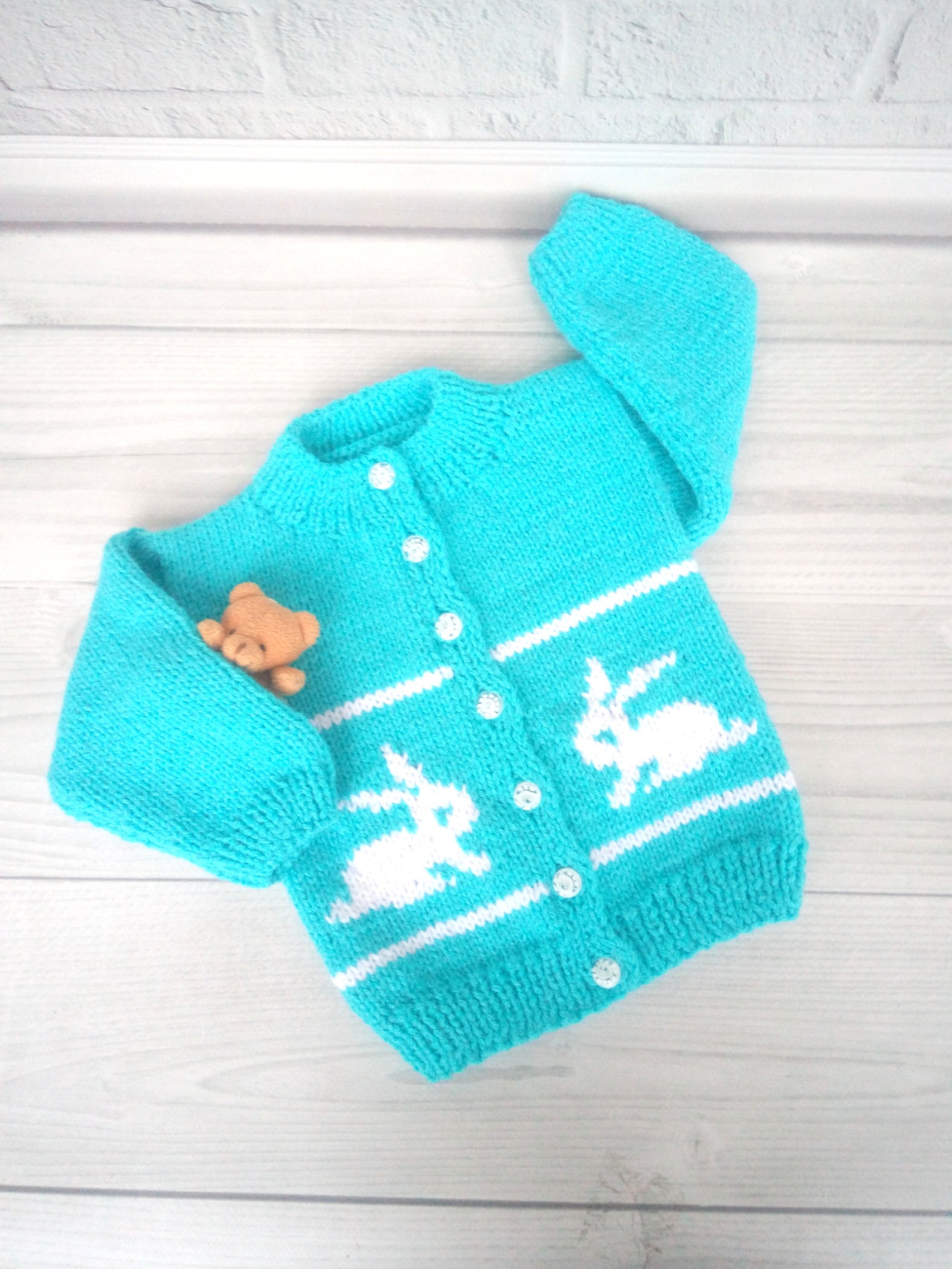 Handknitted Baby Sweater Rabbit Print Easter Sweater Blue Baby Etsy