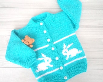 Handknitted baby sweater Rabbit print Easter sweater Blue baby jacket Infant clothes Knit kids sweater Baby shower gift Coming home outfit