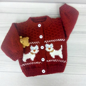 Red hand-knit baby sweater for kids with puppy print, 100% Merino wool baby handknit cardigan Gift for grandchildren