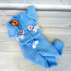 Cashmere wool blue baby jacket and pants Knit Puppy set Soft crochet baby sweater and pants Newborn baby gift Warm baby set 0-24 months set