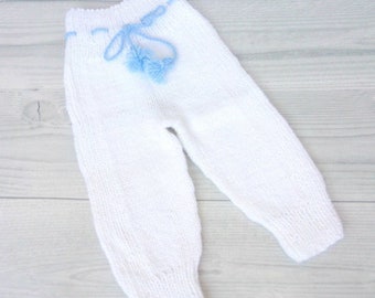 White pants for baby Handknit warm pants for boy Baby leggins Blue cute pants for baby 0-24 months Warm baby pants Knit longies