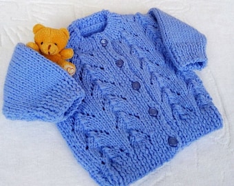 Blue baby merino wool sweater, Knitted Infant Jacket Newborn Baby Cardigan Crochet gift for grandchildren 0-24 months sweater