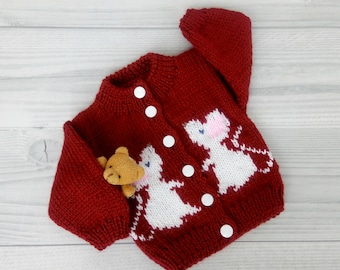 Red crochet sweater for kids with mouse print Woolen baby handknit cardigan Gift for grandchildren