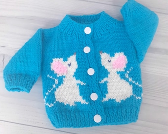 Blue crochet sweater for kids Knit mouse sweater Woolen baby handknit cardigan Gift for grandchildren