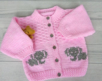 Handknitted baby sweater Elephant pattern jacket  Knit kids clothes Pink girl sweater Baby shower gift
