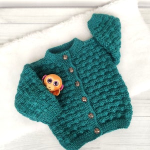 Emerald handknitted baby sweater, Woolen baby jacket, Green crochet sweater for boys, 0 to 12 months baby jacket,0-5 T
