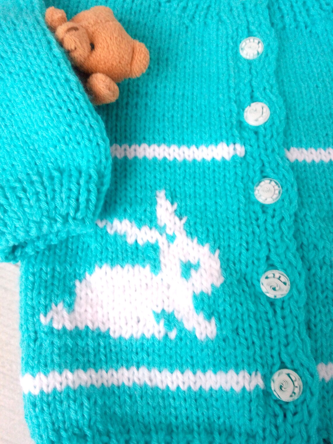 Handknitted Baby Sweater Rabbit Print Easter Sweater Blue Baby Etsy