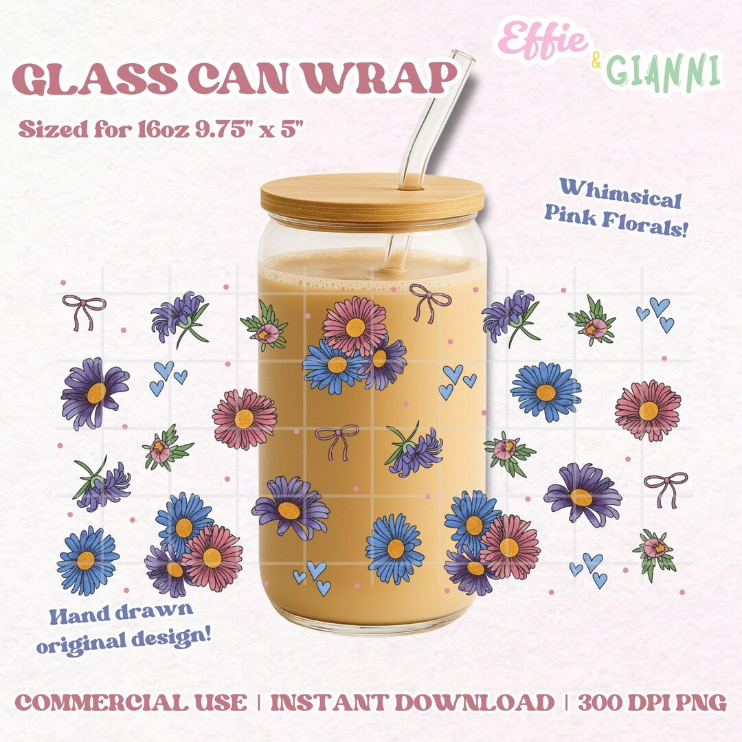 Whimsical Pink Floral Glass Can Wrap PNG | Daisy and Bow Cup Design ...