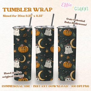 Cute Celestial Boho Halloween 20oz Skinny Tumbler Wrap PNG | Ghost Pumpkin Moon Floral Straight Tumbler Sublimation Design Instant Download