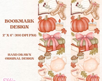 May include: A digital bookmark design featuring fall-themed illustrations. The design includes pumpkins, books, candles, tea cups, and a teapot. The text reads "INSTANT DOWNLOAD", "BOOKMARK DESIGN", "2" X 6" | 300 DPI PNG", "HAND DRAWN ORIGINAL DESIGN", "Effie & Gianni", and "COMMERCIAL USE".