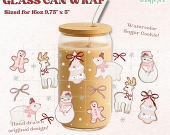 Holiday Sugar Cookie 16oz Glass Can Wrap | 300 DPI PNG UVDTF Sublimation Printed Vinyl Transparent Wrap | Cute Christmas Cookie Cup Design