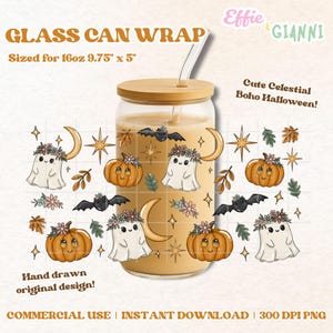 May include: A glass can wrap with a wooden lid and straw, featuring a cute celestial boho Halloween design. The design includes ghosts, pumpkins, bats, moons, stars, and leaves. The can wrap is sized for 16oz and measures 24.77 cm x 12.7 cm.