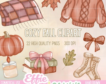 Cozy Fall Clipart Set | Autumn PNG Bundle | Hand-Drawn Sweaters, Pumpkins, Candles & Books | Cozy Hygge Illustrations for Crafts