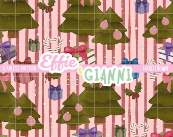 Pink Coquette Christmas Seamless Pattern | Holiday Trees, Gifts & Bows | Cute Christmas Digital Paper, Scrapbooking, Sublimation Background