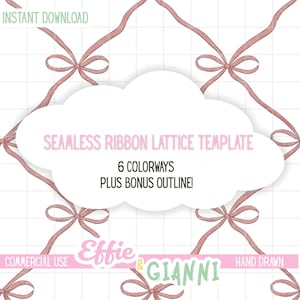 Könnte beinhalten: Ein digitales Design mit einem nahtlosen Bandgittermuster mit Schleifen in einem zarten Rosa. Das Design enthält den Text "SEAMLESS RIBBON LATTICE TEMPLATE" und "6 COLORWAYS PLUS BONUS OUTLINE!" mit den Wörtern "INSTANT DOWNLOAD", "COMMERCIAL USE", "HAND DRAWN" und dem Markennamen "Effie & Gianni".