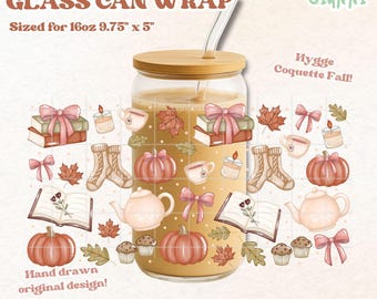 Hygge Coquette Fall 16oz Glass Can Wrap | 300 DPI PNG UVDTF Sublimation Printed Vinyl Transparent Wrap | Cozy Autumn Coffee Cup Wrap Design