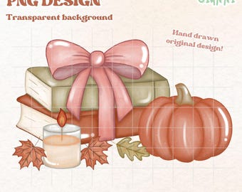 Fall Book Stack with Pumpkin & Candle PNG | Cozy Autumn Bow Clipart for Sublimation, UVDTF, and Crafts