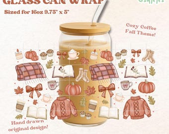 Cozy Coffee Fall 16oz Glass Can Wrap PNG | 300 DPI UVDTF Sublimation Printed Vinyl Transparent Wrap | Autumn Sweater Pumpkin Book Cup Design
