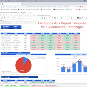 Tableau de bord des rapports sur les publicités Facebook pour Google Sheets - Campagnes de commerce électronique - Rapport hebdomadaire