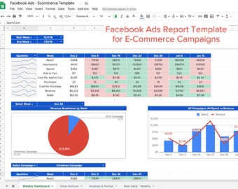 Facebook Ads Report Dashboard for Google Sheets - E-Commerce Campaigns - Weekly Report
