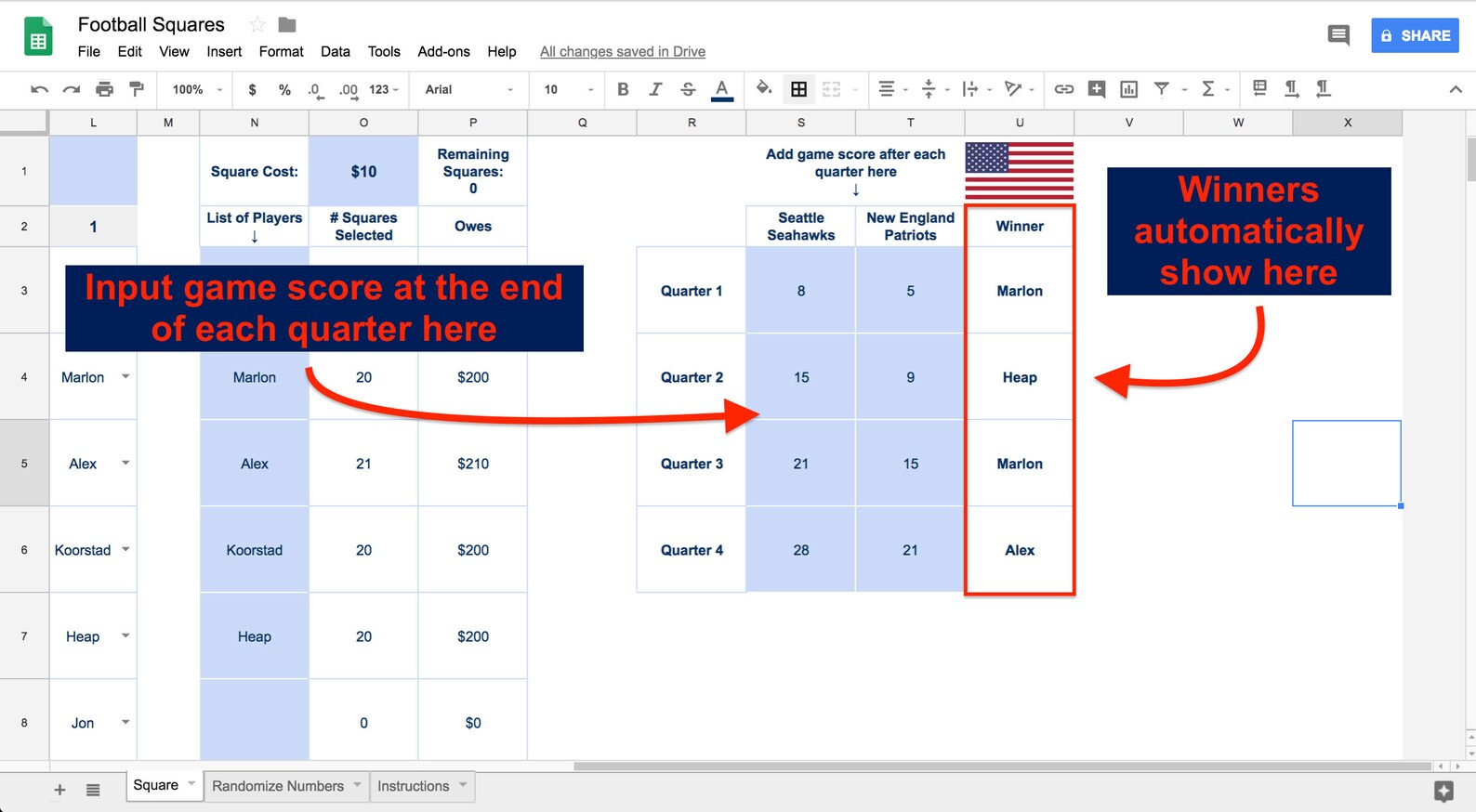 Football Squares Google Sheets Template Football Squares Google Sheets Template