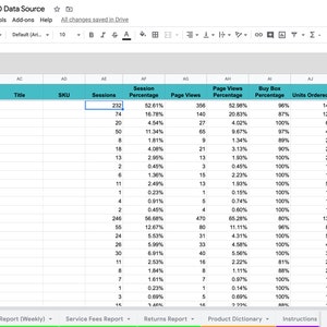 Puede incluir: Una hoja de c&aacute;lculo con datos sobre las ventas de Amazon FBA para las semanas que terminaron el 4 de enero y el 11 de enero de 2020. La hoja de c&aacute;lculo incluye columnas para la fecha de finalizaci&oacute;n de la semana, el ASIN principal, el ASIN secundario, el t&iacute;tulo, el SKU, las sesiones, el porcentaje de sesiones, las visitas a la p&aacute;gina, el porcentaje de visitas a la p&aacute;gina, el porcentaje de la caja de compra, las unidades pedidas, el porcentaje de sesiones por unidad, las ventas de productos pedidos y el total de art&iacute;culos pedidos.