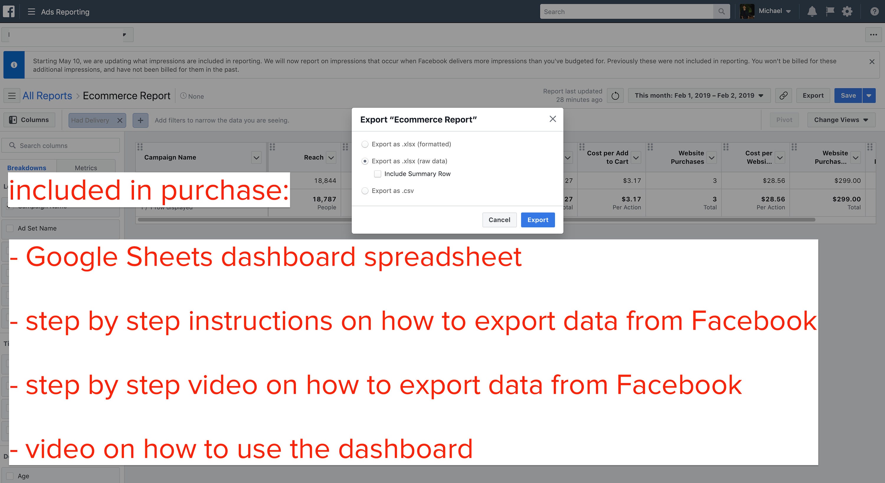 Facebook Ads Report Dashboard for Google Sheets - E-commerce Campaigns ...