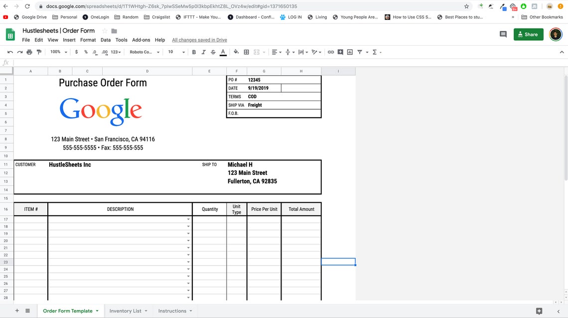 Purchase Order Form Template for Google Sheets and Excel Etsy Purchase Order Form Template for Google Sheets and Excel Etsy