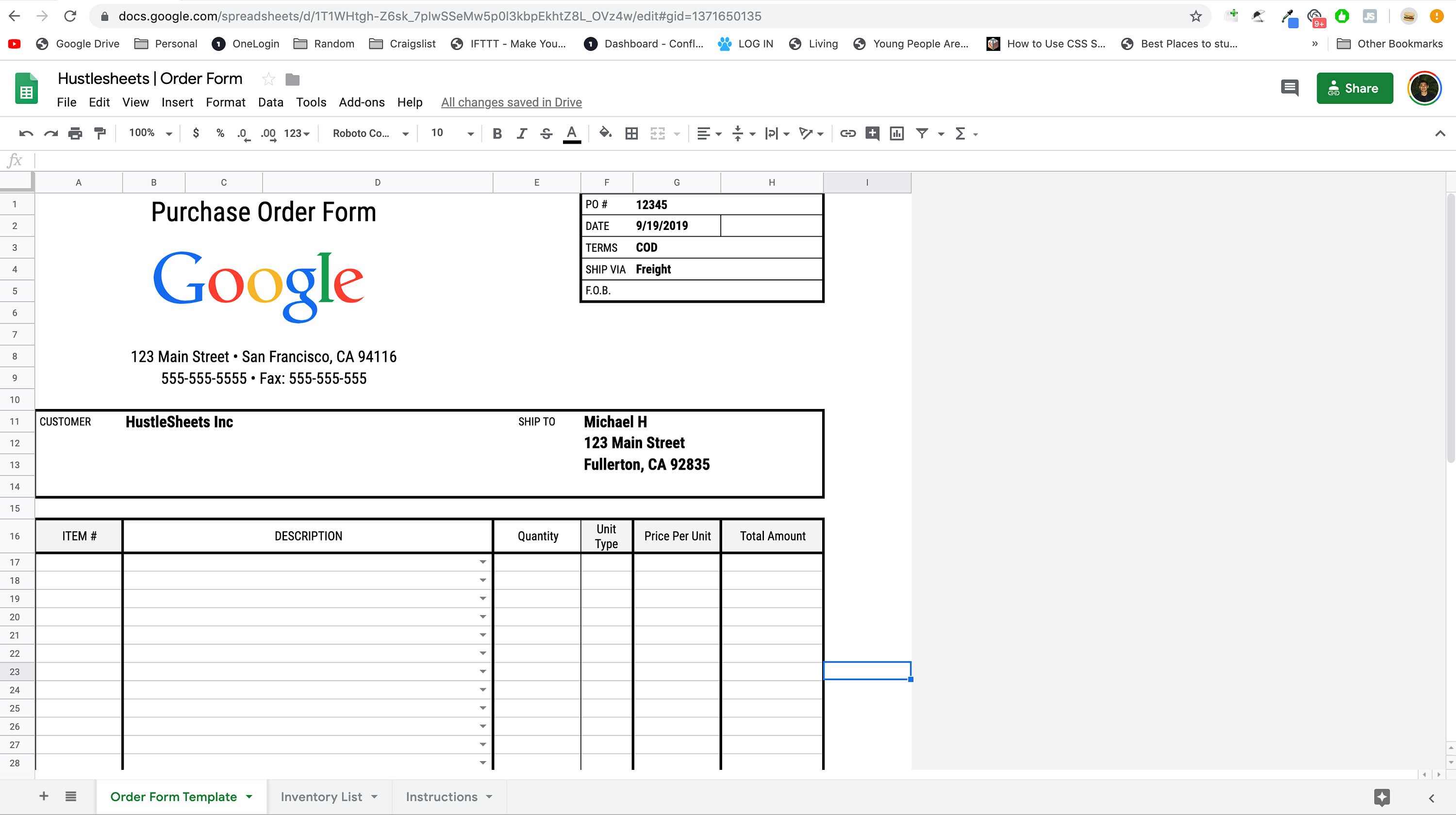 Purchase Order Form Template for Google Sheets and Excel - Etsy