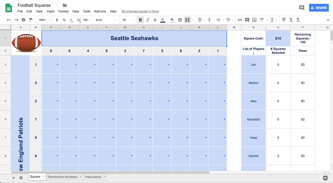 Football Squares Spreadsheet Template for Google Sheets Etsy Football Squares Spreadsheet Template for Google Sheets Etsy