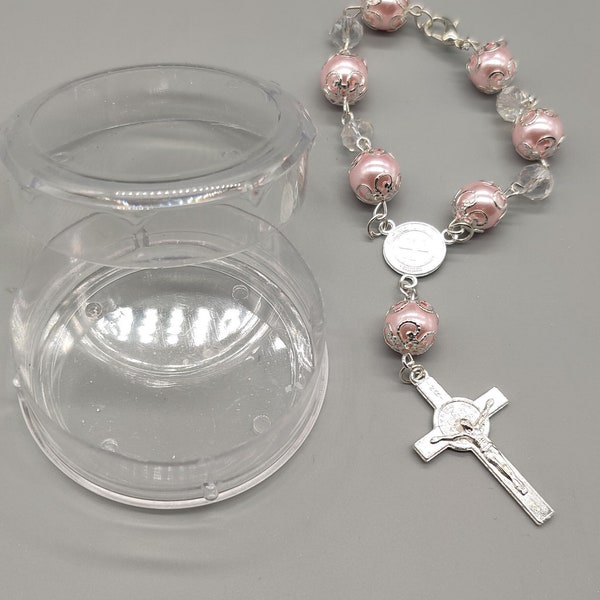 Baptism Favor - Baby Pink Beaded Mini Rosary Crucifix Elegant in Acrylic Case  Set of 12 -  Silver with Pink - Recuerdos de Bautizo