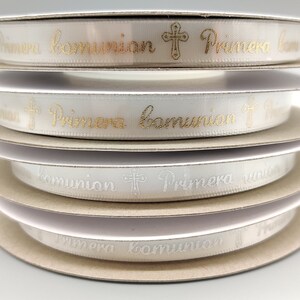 Primera Comunion Ribbon with Holy Cross - Gold Embossed or Silver Embossed - 25 Yards x 3/8&quot; - 100% Polyester - First Communion (In Spanish)