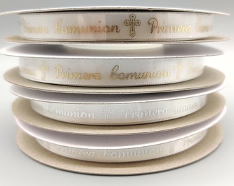 Primera Comunion Ribbon with Holy Cross - Gold Embossed or Silver Embossed - 25 Yards x 3/8" - 100% Polyester - First Communion (In Spanish)