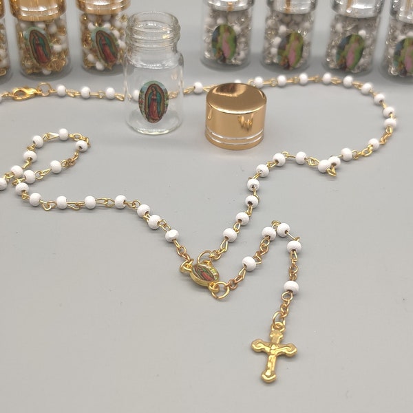 Baptism Favor - White Beaded Rosary Necklace Crucifix in elegant Glass bottle  Set of 12 - Choice of Gold or Silver - Recuerdos de Bautizo