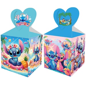 Set of 12 Lilo & Stitch inspired Favor Boxes - Baby Shower Party Favors, Birthday Treat Box, Aloha Party Decor, Cake topper bundle option!