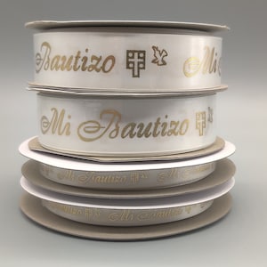 Mi Bautizo Ribbon - Holy Cross & Dove Pattern - White + Gold Embossed - Choice of 2 sizes - 3/8 in x 25 yards OR ~1 in x 25 yards - Spanish