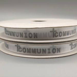 Communion Ribbon with Holy Cross - Silver Embossed for 1st Communion - 10 Yards x 3/8&quot; - 100% Polyester